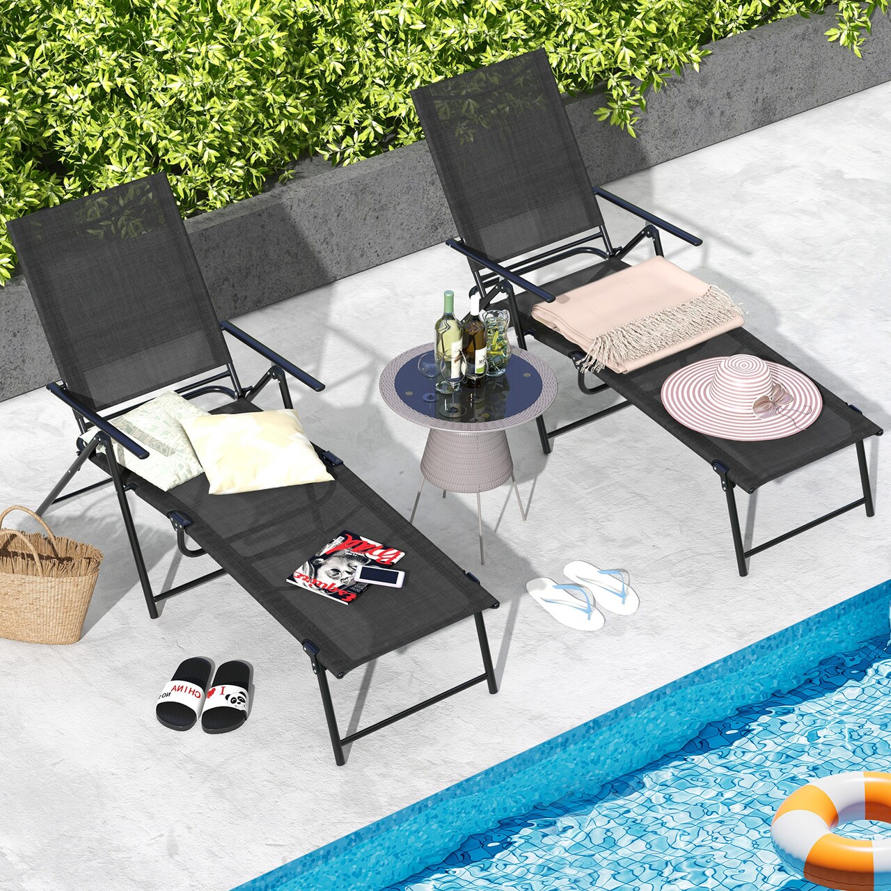 2 Piece Patio Folding Chaise Lounge Chairs Recliner With 6-level Backrest
